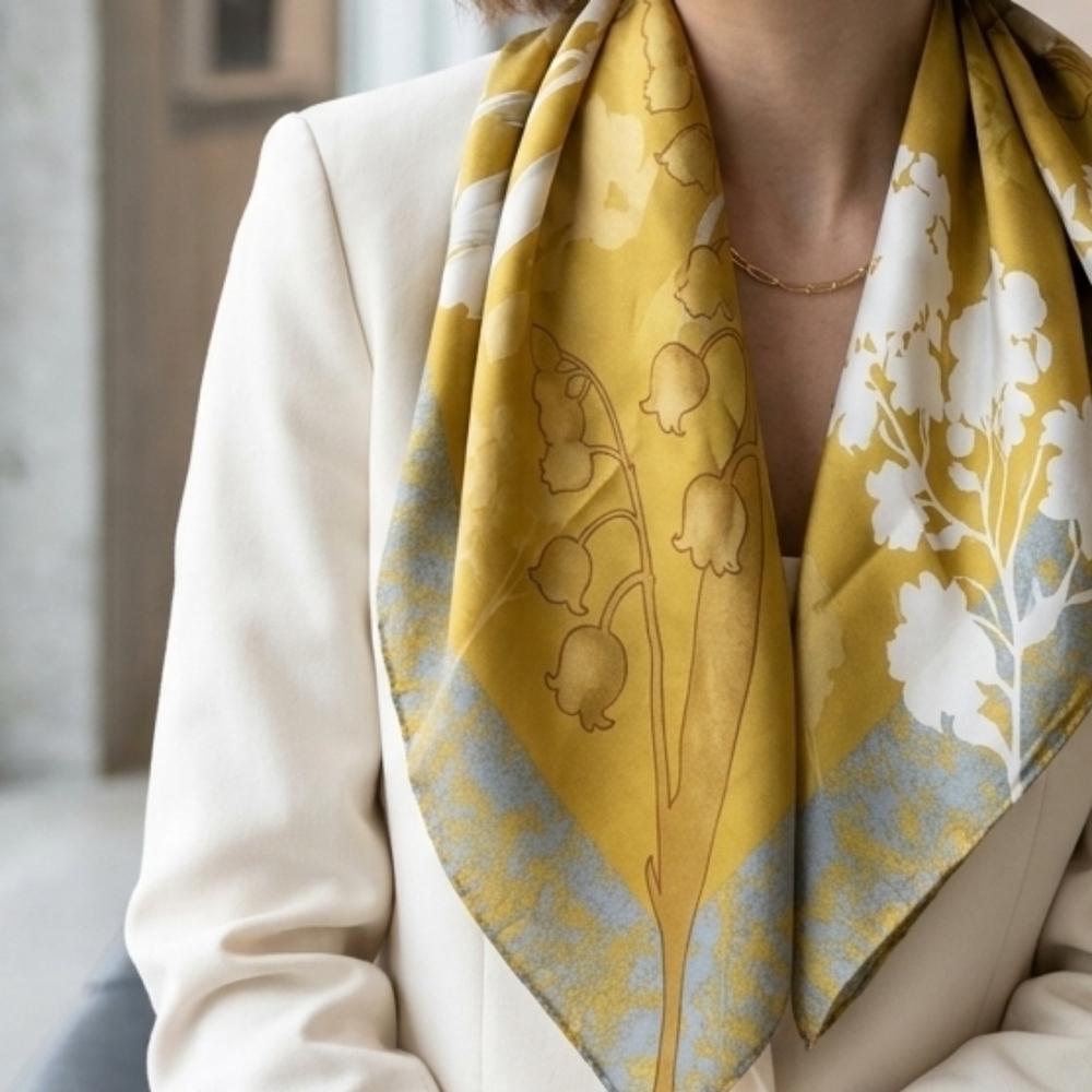NWT Lily of the Valley Floral Satin Neck Scarf Head Wrap Yellow White 35" × 35" - Picture 5 of 8